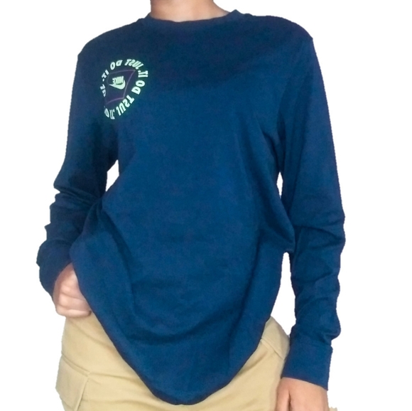 Nike long sleeve graphic navy blue and neon green relaxed fitting shirt - Picture 1 of 5